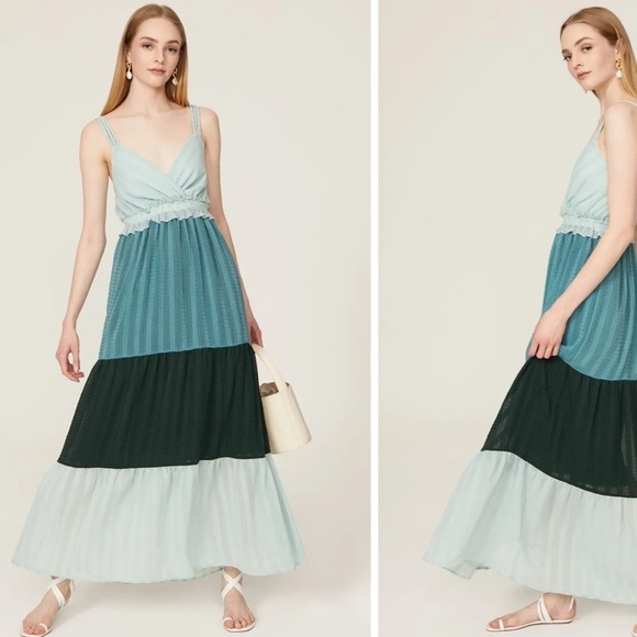 Slate & Willow Blue Tiered Swiss Dot Braided Tank V Neck Maxi Dress Size Medium - Picture 1 of 9